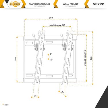 Настінний кріплення для телевізора RICOO N0722: ультратонкий, нахильний, для телевізорів 32-55 дюймів, VESA 200x200, до 35 кг