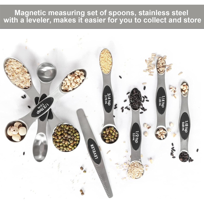Magnetic Measuring Spoon Set, Stainless Steel with Leveler, 9-Piece, Stackable, Metal, Measuring Spoons for Baking, Measuring Cups and Spoons, Kitchen Gadgets, Home Accessories, Fits in Spice Jars