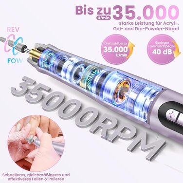 Бездротовий фрезер для нігтів 35.000 об/хв - професійний нейл-дриль для гелю та акрилу, електрична нігтьова пилка з регулюванням швидкості (фіолетовий)