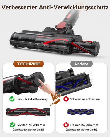 Акумуляторний вертикальний пилосос TechRise 58KPA 680W, LED-дисплей, 3 смарт-режими, антинамотування та фільтр 8-в-1, для килимів, твердих підлог та шерсті тварин, чорно-золотий