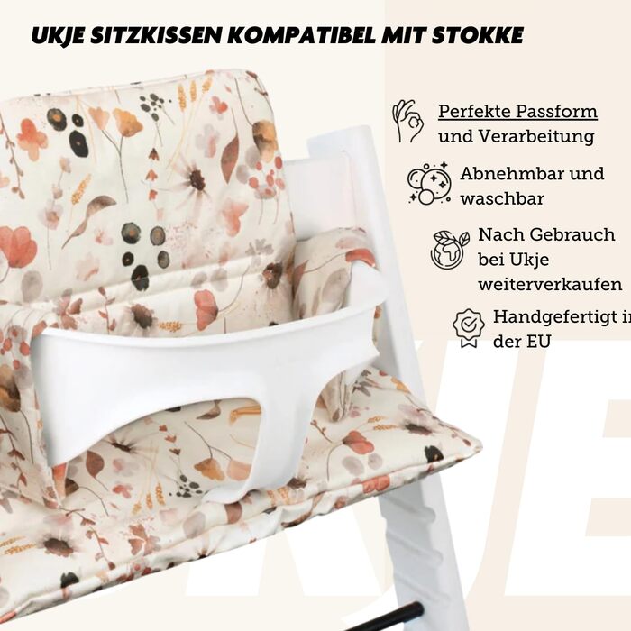 Сидіння-подушка Ukje для стільчика Stokke Tripp Trapp, водостійка, багато кольорів і візерунків, м'яка подушка для стільчика, екстра товста, зменшувач сидіння, дизайн Леопард (Wilde Bloemen)
