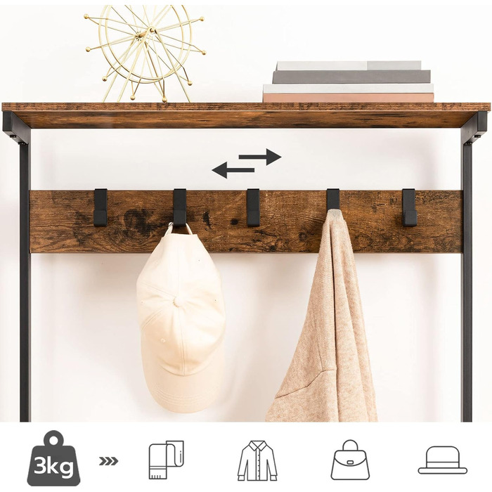 HOOBRO Coat Rack, 5-Tier Shoe Shelf, Wardrobe, Clothes Rack with 5 Removable Hooks, Top Shelf, Entryway, Living Room, Vintage Brown-Black EBF74MT01