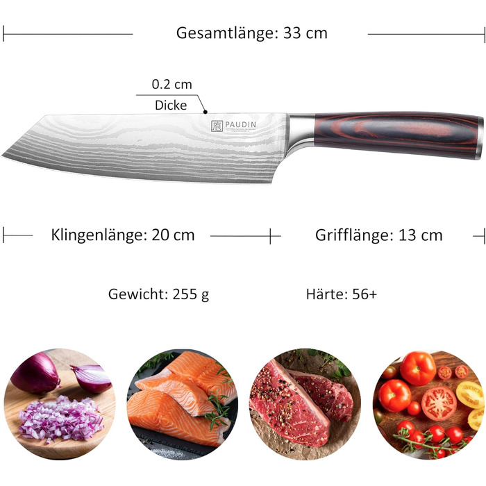 Японський ніж Santoku від Paudin, 20 см, Kiritsuke, з високоякісної сталі, ергономічна ручка, для м'яса, риби та овочів