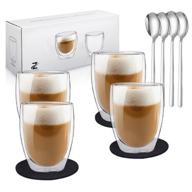 Набір склянок для лате макіато Zobel 350 мл (4 шт.) з ручкою, подвійні стінки, боросилікатне скло, з підставками та ложками, придатні для миття в посудомийній машині та термостійкі