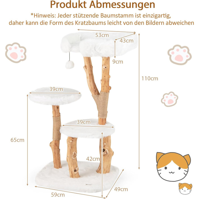 Дерев'яний кігтеточка для котів SOARS з 3-ма природними стовбурами, ліжко для котів та плюшеві поверхні, кігтеточка з іграшковим м'ячиком та джутовим мотузком, багатоповерхова, 59 x 49 x 110 см, білий колір