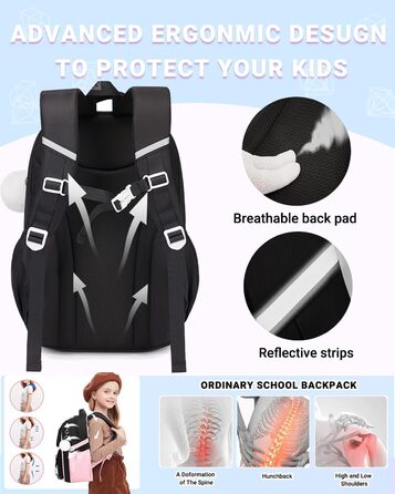 Шкільний рюкзак для дівчаток DivingBirds, 2-7 клас, 22L | Легкий дитячий рюкзак з дихаючою спинкою та м'якими лямками | З нагрудним ременем | Чорний