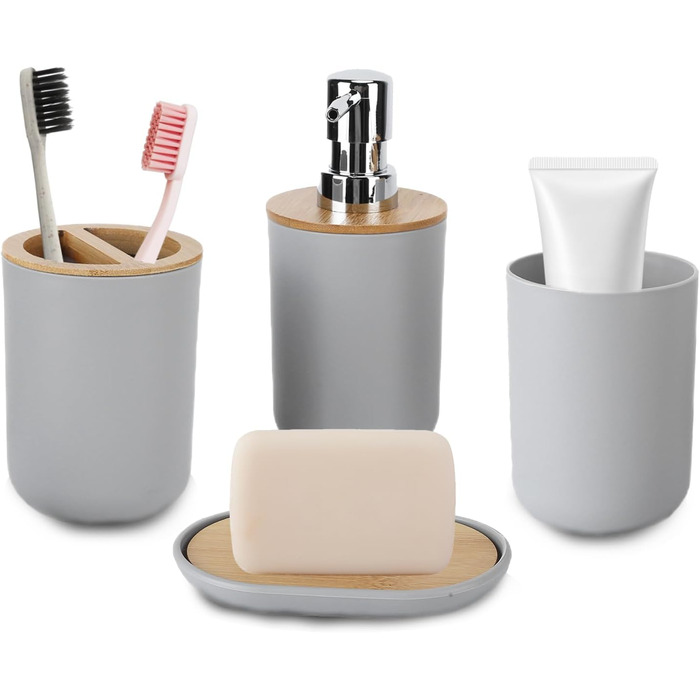 Набір аксесуарів для ванної кімнати на 4 предмети: тримач для зубних щіток, мильниця, дозатор для лосьйону, стакан для ополіскувача, сучасне оздоблення для дому та готелю (сірий)