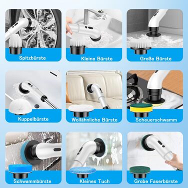 Електрична щітка для прибирання 9 в 1, 34-130 см, 2 режими, для ванної, кухні, плитки та авто, біла