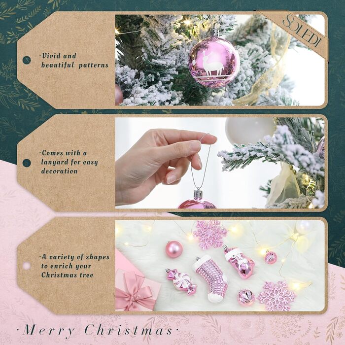 SOLEDI® Набір з 128 штучок преміум ялинкових прикрас - кульки з пластику білого кольору з зіркою на верхівку. Міцний та безпечний набір ялинкових прикрас з гачками. Ялинкові кульки кольорові, багаторазовий декор на Різдво (рожевий)