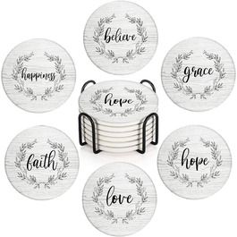 Britimes Drink Coasters, Set of 6, White Marble, Inspiring Love, Absorbent, Round, Ceramic Stone Mat, with Cork Base and Metal Holder, Gift for Housewarming, Bar, Decor (Retro 5)