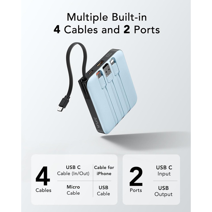 Power Bank VRURC 10000mAh з кабелем: компактний акумулятор USB-C, швидка зарядка 22.5W, LED-індикатор, сумісний з iPhone, Huawei
