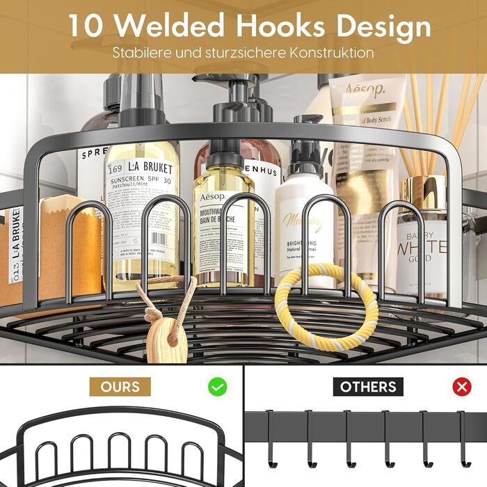 ACMETOP Shower Shelf No Drilling 2-Pack, SUS304 Stainless Steel Bathroom Organizer Corner Shelf, Bathroom Shelf with 10 Hooks and 6 Adhesives, Shower Shelf, Shower Basket for Bathroom Kitchen (Black)