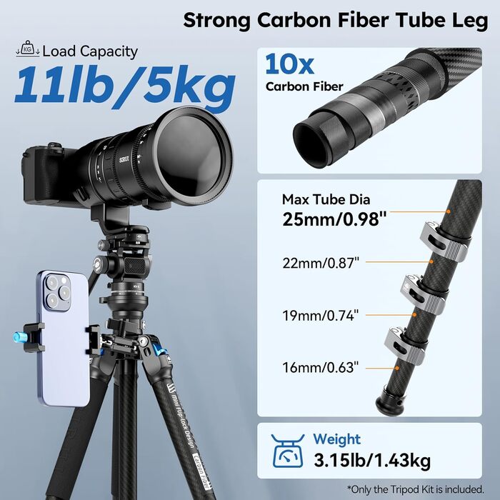 Карбоновий штатив SIRUI L-224FL+KV-5 з флюїдною головою, легкий професійний набір для подорожей та відео, висота 152см, навантаження 5кг