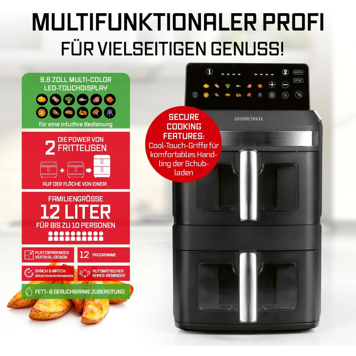 Фритюрниця повітряна Gourmetmaxx AirGenius 9 л (2 x 4,5 л) з 8 програмами | 2 камери для приготування 2 страв одночасно | Сенсорний дисплей | Для 8 осіб