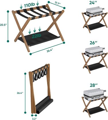 Smuxee Walnut Bamboo Luggage Rack for Guest Rooms, Folding Suitcase Stand with Storage Shelf, Lightweight Assembled Luggage Rack with 5 Nylon Straps for Guest Rooms Bedrooms Hotel