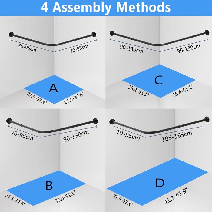 Штанга для душової завіси чорного кольору L-подібної форми, розширювана, з нержавіючої сталі 304, без свердління, для ванної кімнати/ванни (70-95 см x 70-95 см)