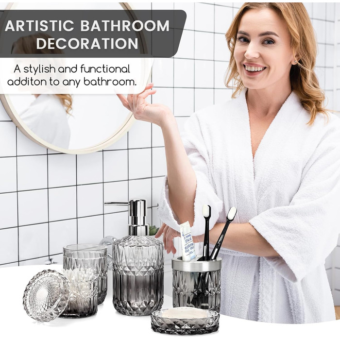 Набір аксесуарів для ванної кімнати зі скла, 5 шт. (мильниця, дозатор мила, стакан, тримач для зубних щіток, контейнер для ватних паличок), чорний