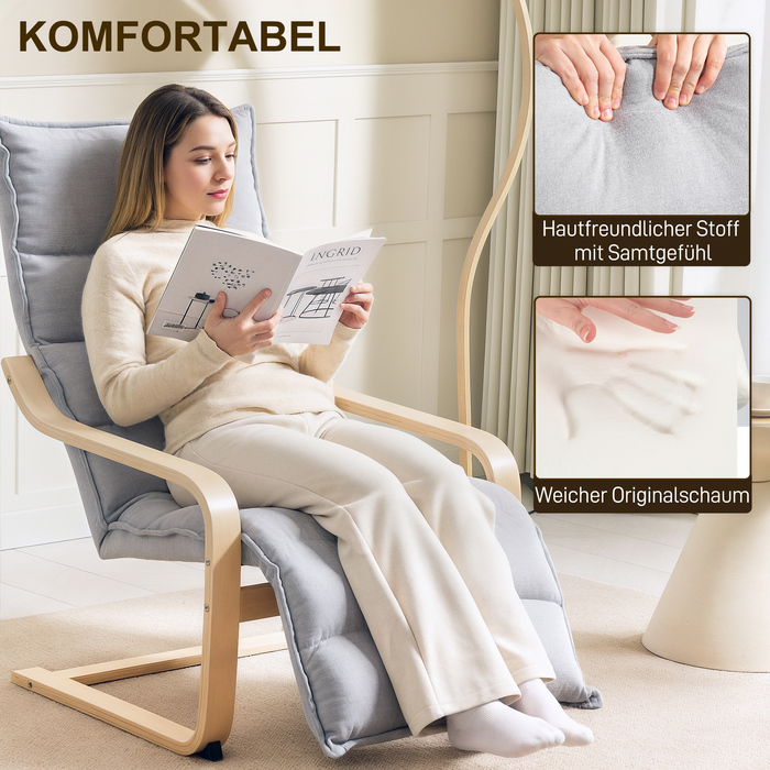 HOMCOM Lounger Chair with Adjustable Footrest, Velvet-Look for Living Room Rocking Chair with Armrests, Recliner, Reading Chair Light Grey | Aosom