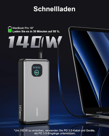Powerbank 140W, 25000mAh з цифровим дисплеєм, PD3.1 для ноутбуків, MacBook, iPad, iPhone, Switch, Steam Deck (Срібний)