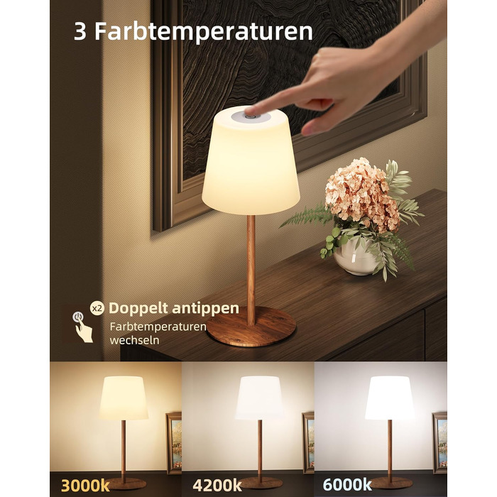 Світлодіодні настільні лампи EZVALO бездротові, 2 шт., IP65, USB-C, димування, 3 режими кольору, для дому та кемпінгу (дерев'яний колір)