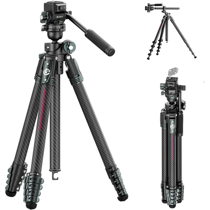 Штатив для камери ULANZI JJ05 GlideGo 184 см з карбону, складний, з поворотним центральним стовпом, легкий туристичний штатив з кульковою головкою 360° та швидкознімною платформою для DSLR, максимальне навантаження 18 кг (JJ06 Відеоштатив)