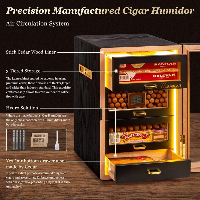 Гумодор для сигар, настільний з цифровим гігрометром, зволожувачем та пакетами для вологи. 4 висувні ящики з кедрової деревини, вміщує до 200 сигар (чорний)
