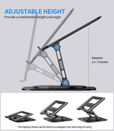 AOEVI Adjustable Laptop Stand with 360° Swivel Base - Ergonomic Foldable Laptop Riser for Desk - Compatible with MacBook Pro/Air & Notebooks up to 16 inches - Black