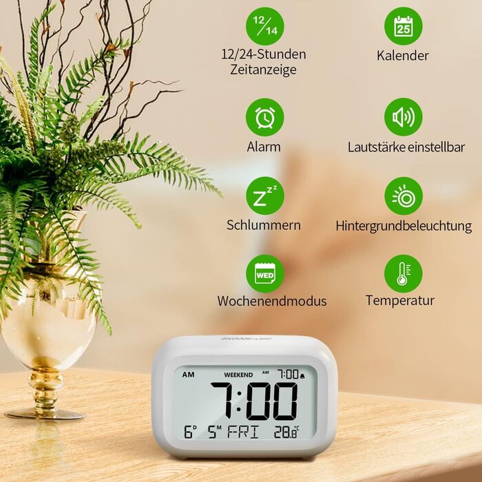 Цифровий будильник DOOMAY з LCD-дисплеєм, регульована гучність, функція відкладення та режим вихідних днів для спальні, робочого столу, подорожей, білий