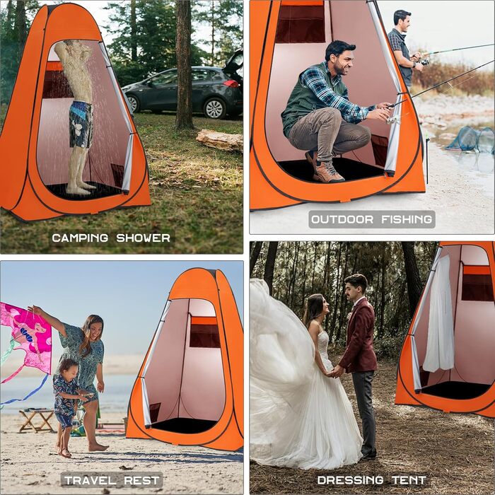 Brian & Dany Pop Up Camping Shower Tent - Portable Changing Tent with Rainfly & Windows - Outdoor Privacy Shelter - UPF 50+ Waterproof - Green/Orange