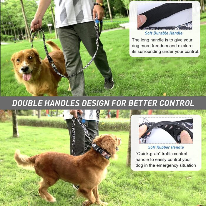 Міцна собача лінія, тактична собача лінія з автофіксатором для великих собак до 68 кг, 1,8 м, амортизуюча, рулетка, подвійний руків'я, для тренування собак