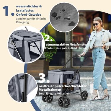 Візок для собак Costway, складаний, до 40 кг, з подушкою, сітковими вікнами та полицею, з двома дверцятами та бічними кишенями, сірий