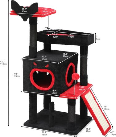 Кігтеточка YITAHOME Готичний XL, 160 см, з 4 колонами з сизалю, 1 дощечкою для шліфування, гамаком, 2 кулями-мавпами, платформами-ліжками, для шліфування, чорна (40 x 48 x 111 см)