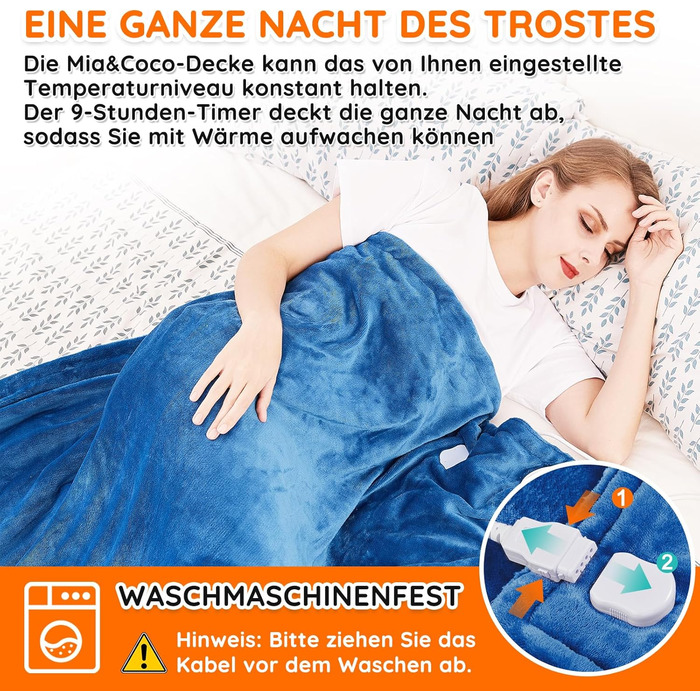 Електрична тепла ковдра Mia&Coco з автовимкненням, 10 температурних режимів, таймер до 9 годин, захист від перегріву, фланель, 180x130 см, блакитна