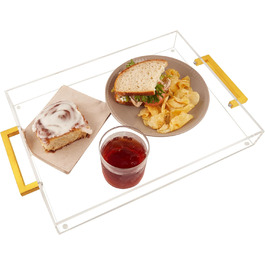 Acrylic Serving Tray with Gold Handles, 40.6 x 30.5 x 5.1 cm Decorative Tray for Table, Food, Drinks Serving Platter for Countertop, Kitchen, Bathroom, Party, Clear Serving Tray
