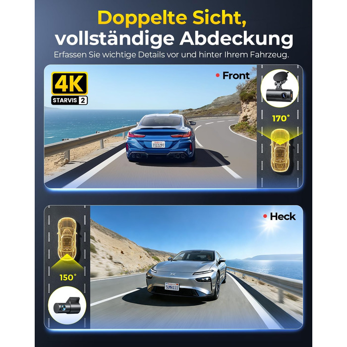 Автомобільний відеореєстратор GKU D600ProMax 4K Ultra HD з передньою та задньою камерами, сенсором STARVIS 2, WiFi 6 та карткою пам'яті SD