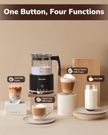 Morpilot Milk Frother Electric, 500ml 600W, 4 in 1 Milk Frother for Hot and Cold, Dishwasher Safe, Visual Glass, Latte Design, White (Black)
