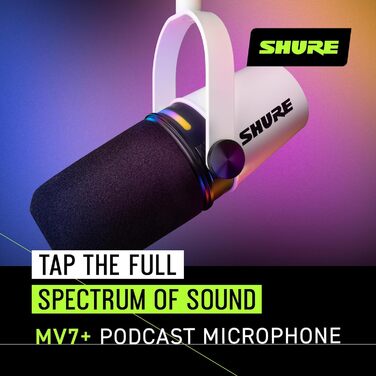 Мікрофон Shure MV7+ Gen 2 для подкастів, стрімінгу та запису – білий. USB/XLR, LED-сенсор, авто-регулювання рівня, цифровий поп-фільтр