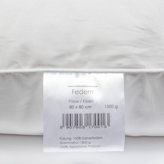 H&F Heimtextilien 2-Piece Set | Premium Quality | Pillowcases 80x80 cm | Filling: 1300 grams of feathers, goose feathers | 100% Natural Pillow | Cover: 100% Cotton | Feather Pillow 80 x 80 cm | Oeko-TEX Certified 1300.0 grams 2