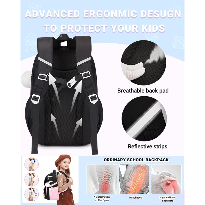 Шкільний рюкзак для дівчаток DivingBirds, 2-7 клас, 22L | Легкий дитячий рюкзак з дихаючою спинкою та м'якими лямками | З нагрудним ременем | Чорний