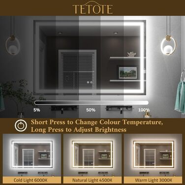 Дзеркало для ванної кімнати TETOTE з підсвічуванням 50x70 см, без рами, LED, сенсорне керування, 3 кольори, регулювання яскравості, пам'ять, 70 см x 50 см