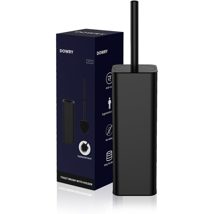 Набір для туалету DOWRY: щітка для унітазу з підставкою (2 насадки), металева, чорна, прямокутна