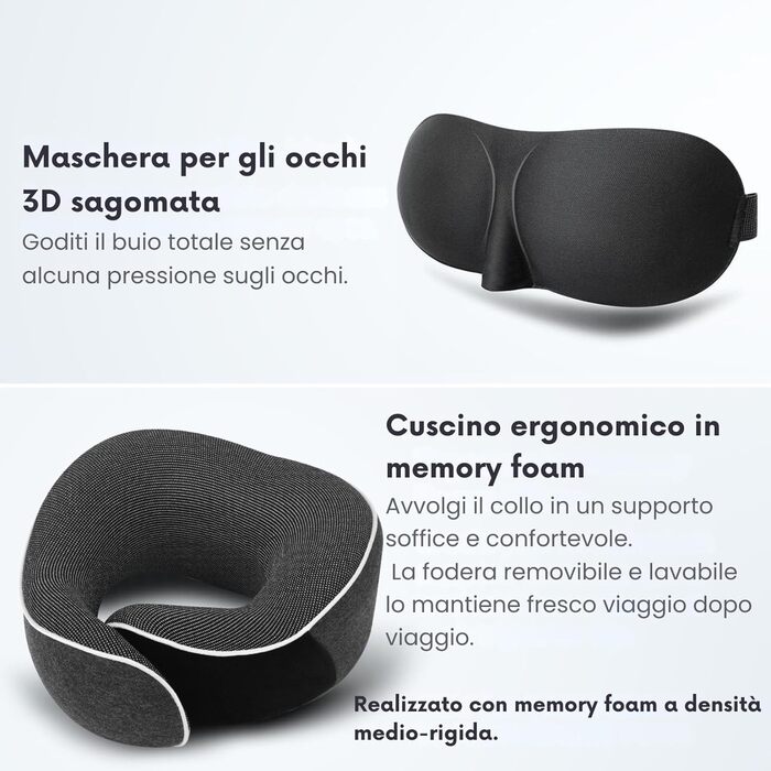 Подушка для шиї Proglobe, 100% Memory Foam, ортопедична, для подорожей (літак, авто, поїзд), з 3D-маскою для сну, сітчаста сумка (темно-сіра)