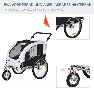 PawHut 2-в-1 Причіп для собак, велосипедний причіп для собак, візок для собак з відбивачами, прапором, причіп для собак PawHut, візок для собак, Oxford-тканина білий/чорний