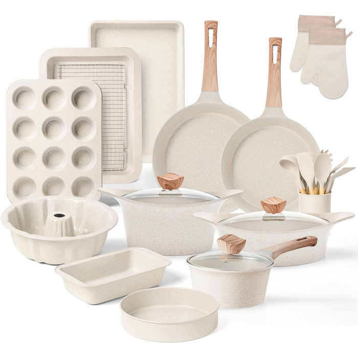 Набір посуду RIOVARM з індукційним покриттям з граніту Antihaft, з кришкою: каструлі, сковорідки, шпатель. Без PFOA.