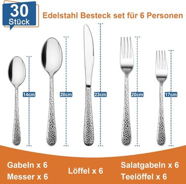Набір столових приборів Joyfair на 6 осіб (30 предметів), нержавіюча сталь, молоткова обробка, ніж, виделка, ложка, елегантний столовий прибор для дому/вечірки/ресторану, високоглянцевий, придатний для миття в посудомийній машині