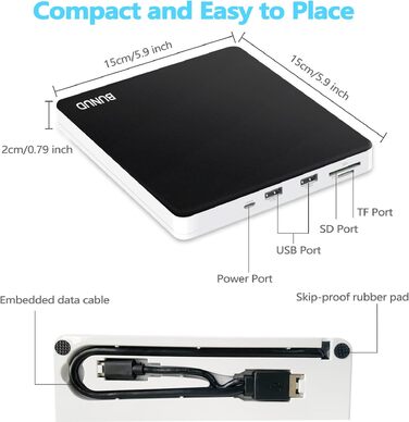 Зовнішній CD/DVD привід BU USB 3.0 & Type-C, DVD+/-RW ROM записувач з картридером SD/TF та USB-портами для ноутбука, PC, MacBook, Windows 11/10, macOS (чорний/білий)