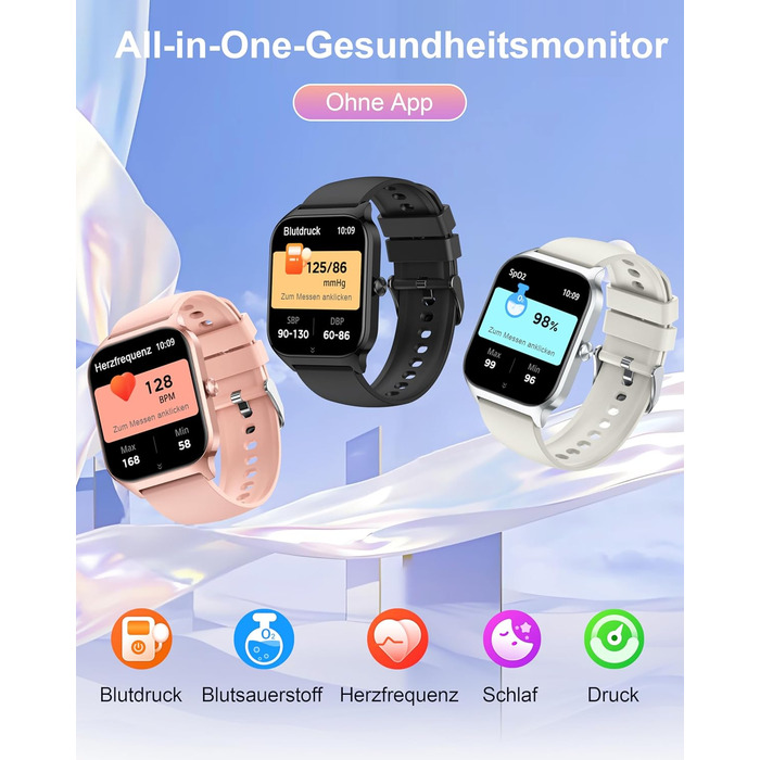 Розумний годинник Popglory для жінок та чоловіків, 100+ спортивних режимів, моніторинг здоров'я 24/7, Bluetooth, вимірювання тиску, пульсу, стресу, сну, будильник, калькулятор, крокомір, сумісний з Android та iOS, чорний