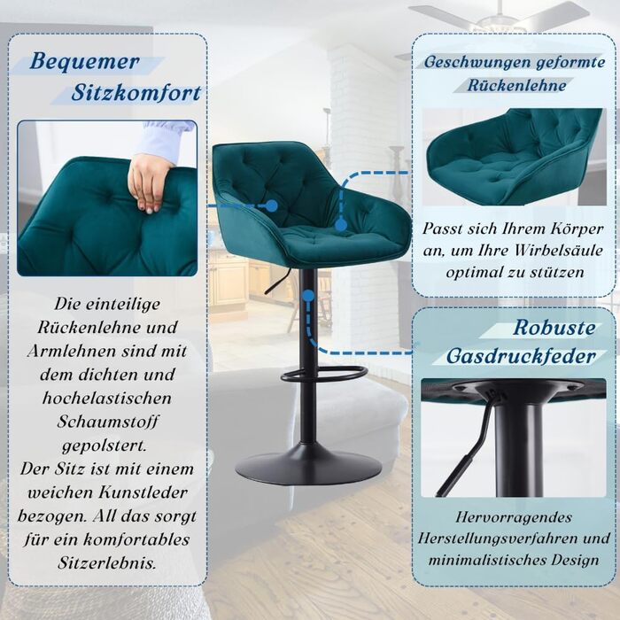 JaHECOME Adjustable Velvet Bar Stools (Set of 2) - Backrest, Kitchen Counter Height, Teal