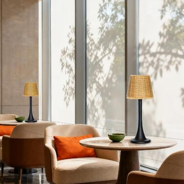 Зовнішня LED-лампа Mr. White з акумулятором, вологостійка, бездротова, торшероподібна, з регулюванням яскравості для ресторану, кухні, патіо, їдальні (золотиста) (чорна + ротанговий абажур)