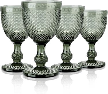 Joeyan 270ml Gray Vintage Wine Glasses with Diamond Relief, Colored Goblet Glasses Wine Goblet Set for Wine Juice Drinks, Set of 4 Retro Drinking Glasses with Stem, Dishwasher Safe